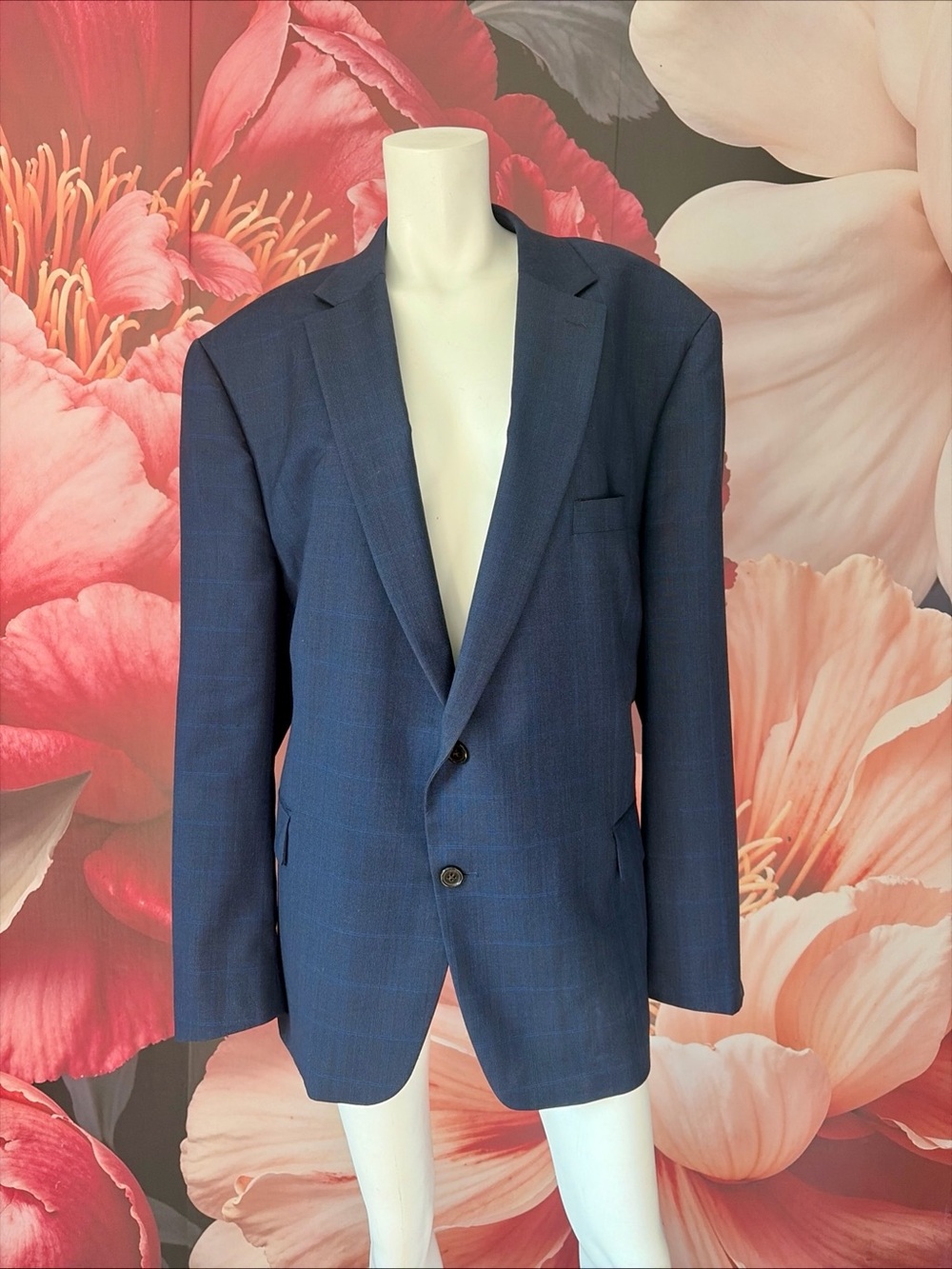 Lauren Ralph Lauren 50R Navy Blue Windowpane Wool Blend Blazer Sport Coat 2 Butt